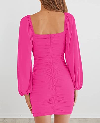 Image of MEROKEETY Women Square Neck Lantern Long Sleeve Mesh Ruched Bodycon Clubwear Mini Dress
