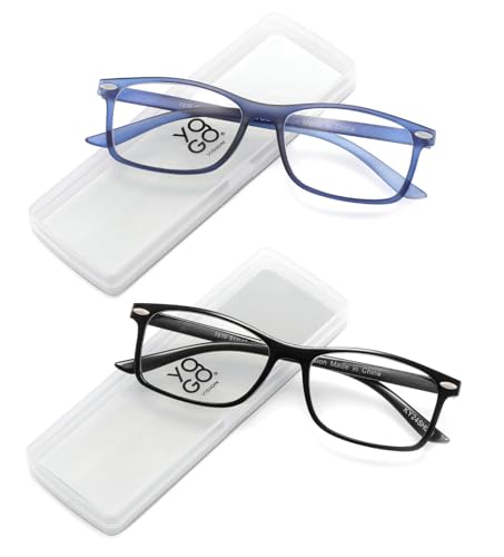 Yogo Vision Ultra Thin Lightweight Reading Glasses Men Women Stylish & Featherlight Frame With Clear Storage Case 2 Pack (Black, Navy +1.75)