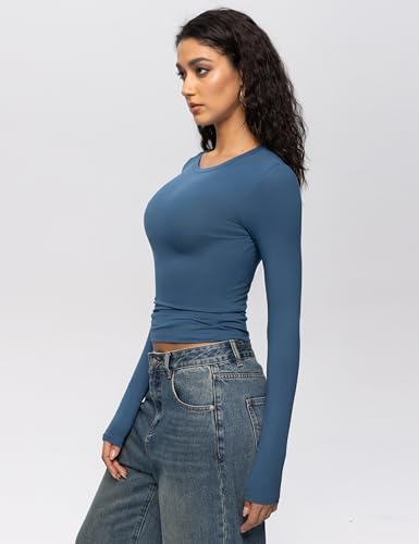 Enerful Women's Long Sleeve Shirts Crew Neck Slim Fitted Going Out Crop Casual Tops Basic Tees3