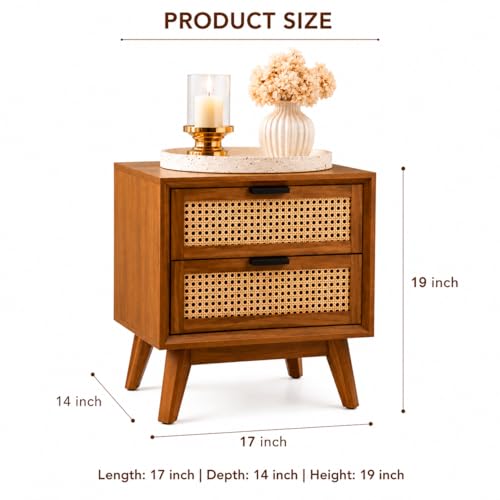 Image of Wooden Bedside Table for Bedroom | Wooden Bed Side Nightstand Lamp Table with 2 Drawers Storage | Premium Solid Wood Side End Table for Living Room, Office | Rattan Cane- Honey Finish