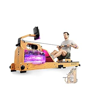 Sportstech Premium Wasser-Rudergerät mit LED-Wassertank, klappbar | Deutsches Qualitätsunternehmen I App mit Workout Kursen+ Tablethalterung | Natur-Massivholz Rudermaschine Rower für zuhause WRX1000