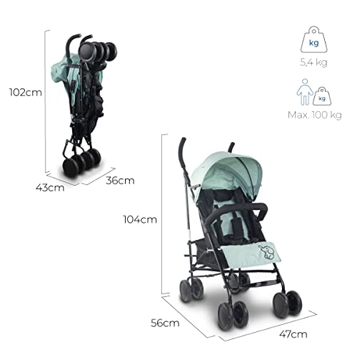 Mobiclinic®, Kinderwagen, Buggy, Elefant, Verstellbare Rückenlehne, faltbar, Doppeltes Sicherheitssystem, Abnehmbare Räder, Verstellbarer 5-Punkt-Gurt, Leichter Kinderwagen, Grün und schwarz