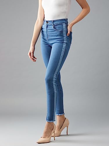 Image of Dolce Crudo Women's Blue Skinny High Rise Clean Look Fringe and Silky Denim Tape Detailing Cropped Denim Jeans