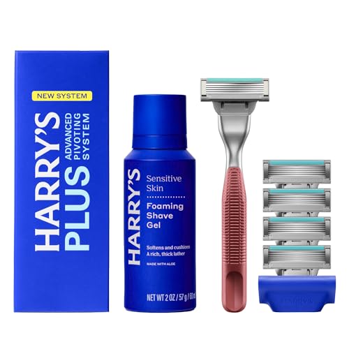 HARRY'S PLUS: Starter Shaving Kit for Men - Premium Handle, 5 Razor Blade Cartridges, 2 oz Foaming Shave Gel & Travel Cover, Advanced Pivoting System - Clay