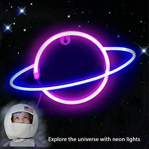 Image of YouokLight planet neon signs for wall decor, LED neon light wall mount USB or battery powered planet light, aesthetic hanging Saturn, planet neon lights for bedroom, game room, pink and blue