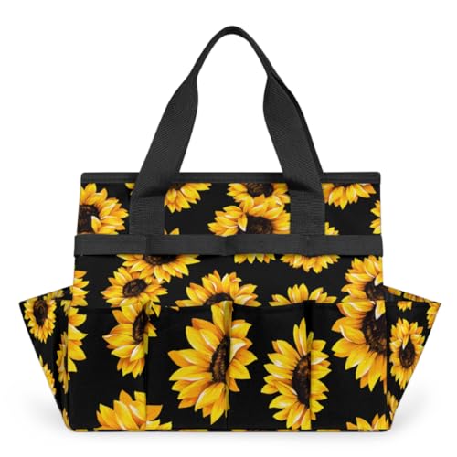 Sunflowers Black Garden Tool Tote Bag for Women Men Gardening Tool Storage Bags with 10 Pockets Standable Garden Home Tool Kits Organizer for Indoor Outdoor Gardening Gifts