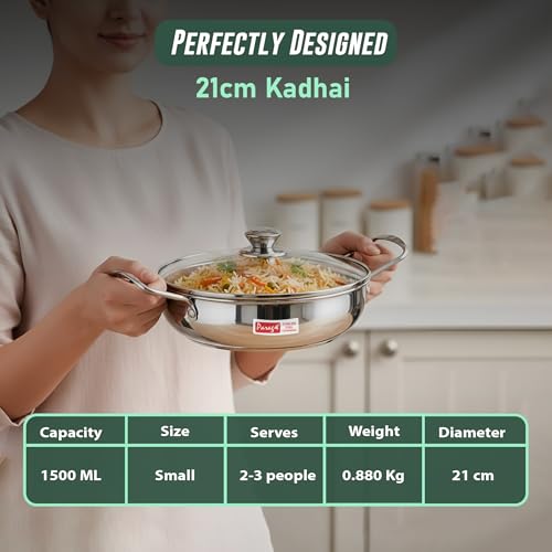 Image of Parage 1 Pieces Stainless Steel Mini Kadhai 1.5 Litre with Glass Lid for 2-3 People | Gas & Induction Friendly Encapsulated Base | Rust-Resistant Cookware for Daily Cooking