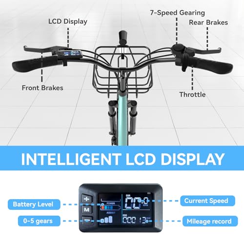 Image of 24'' Electric Bike, Peak 700W Motor 20MPH, 374.4WH Removable Battery 50Miles, Step Through City Cruiser Ebike, Commuter E Bike for Adults, 7-Speed, Front Basket, Full Suspension, UL 2849 Standard