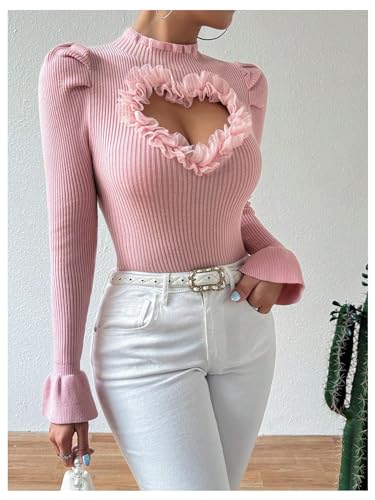 Image of SOLY HUX Women's Long Sleeve Shirts Mesh Heart Cutout Tops Mock Neck Knitted Sweater Pullovers Plain Pink Large