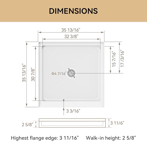 Image of HOROW Shower Base 36 inch x 36 inch, Square Single Threshold Shower Pan for Bathroom, Non-Slip Texture, White Acrylic Shower Base Pan with Stainless Steel Chrome Drain, Center Drain Location