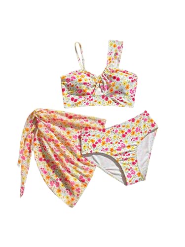 Girl's 3 Piece Floral High Waisted Bikini Asymmetrical Neck Cut Out Bathing Suit with Cover Up Skirt