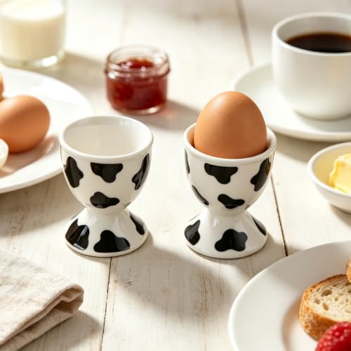 Image of Cinf Ceramic Egg Cups, Set of 2, Cow Print Boiled Egg Holders for Breakfast