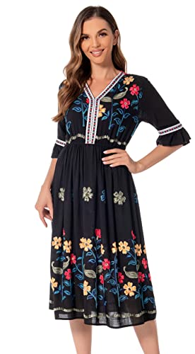 Image of Shineflow Women's Short Sleeve Mexican Embroidered Floral Pleated Midi A-line Cocktail Dress