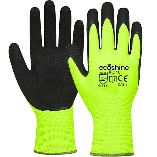 Ecoshine Supplies 12 Latex Foam Coated Work Gloves Hi Vis Grip Safety Gloves for Construction, Warehouse, Gardening & Builders, Breathable Non-Slip Work Gloves for Wet & Dry Handling (Medium/8)