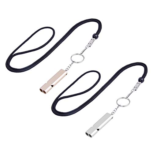 DEXIDUO 2 Stück Pfeife, Edelstahl-Notfallpfeife, Doppelröhre High Decibel Signalpfeife mit Lanyard und Schlüsselring für Camping, Wandern, Jagen, Sport, Hundetraining Cover
