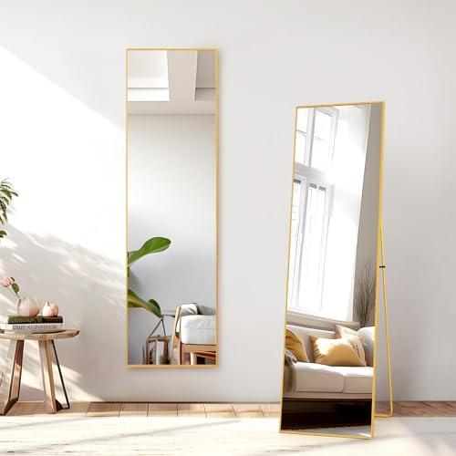 FCSQIU Espejo de pie de 150 x 50 cm, espejo de longitud completa con soporte, espejo de suelo arqueado, espejo de cuerpo entero, para dormitorio, salón, armario, color dorado