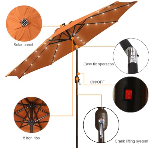 Image of Blissun 9 ft Solar Umbrella with 32 LED Lights for Garden, Deck, Backyard (Rust)