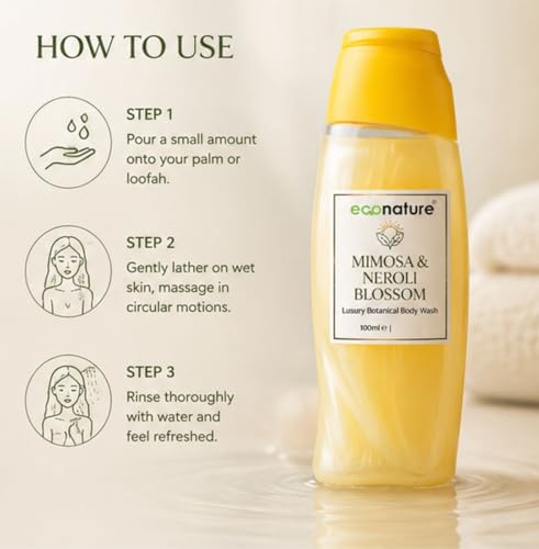 Image of Econature Shower Gel & Body Wash for Men & Women | Peach & Avocado, Mimosa & Neroli Blossom, Blackcurrant & Bearberry Variants | Refreshing & Moisturizing Bath Gel | All Skin Types (Mimosa & Neroli Blossom Body Wash)