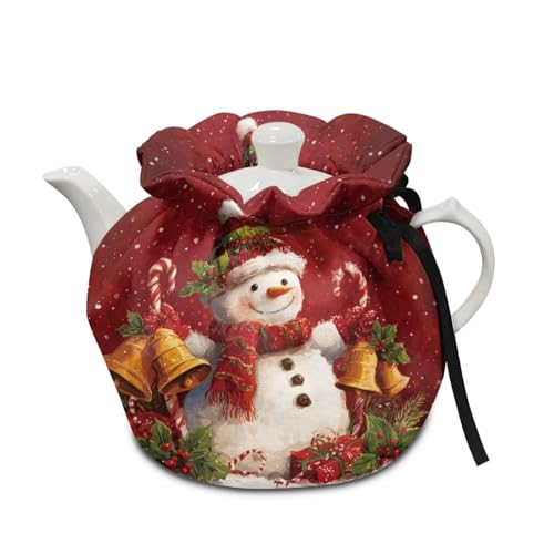 Image of Christmas Tea Cozy Cover Insulated Dust Cover for Teapot Snowman Tea Pot Covers for Keeping Warm Kettle Protector Washable Portable Kitchen Decoration Gift for Christmas