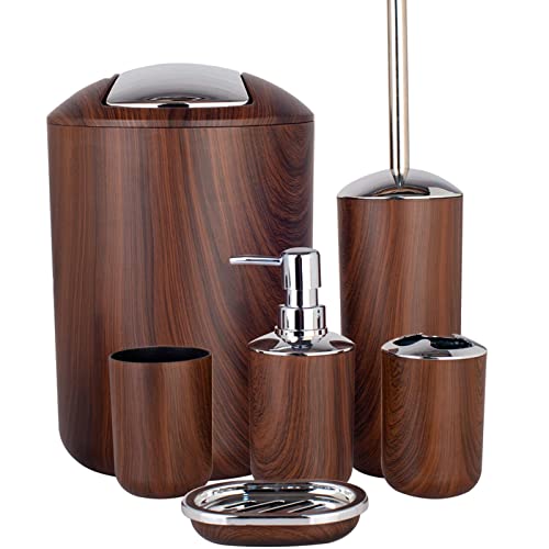 Bathroom Accessories Set 6 Piece Plastic Bath Ensemble Soap Dispenser Toothbrush Holder, Tumbler Soap Dish Soap Saver Trash Can Toilet Brush Holder Decorative Countertop Bathroom Accessoy Set (Brown) #TOP5