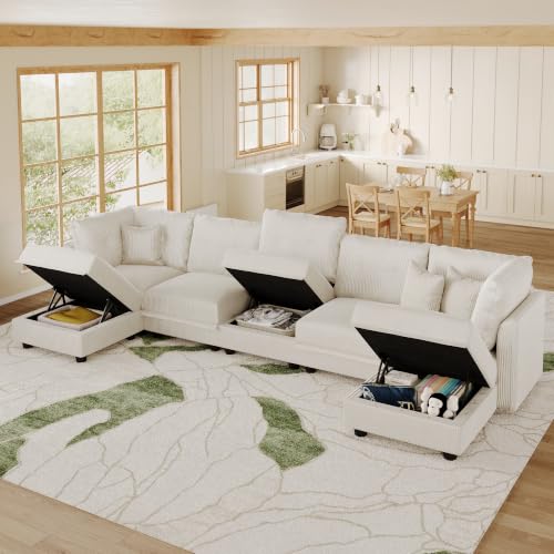 Image of LLappuil Modular Sectional Sofa with Storage, U-Shaped 7-Seat Corduroy Couch with 7 Throw Pillows, Pet-Friendly Convertible Sofa for Living Room & Apartment, Skin-Friendly, Beige