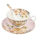 IWOWHERO Tasse Café Porcelaine Fine Européenne avec Soucoupe et Cuillère Assortie Élégant pour Thé et Boissons et Lisse Cadeau Fête et Maison