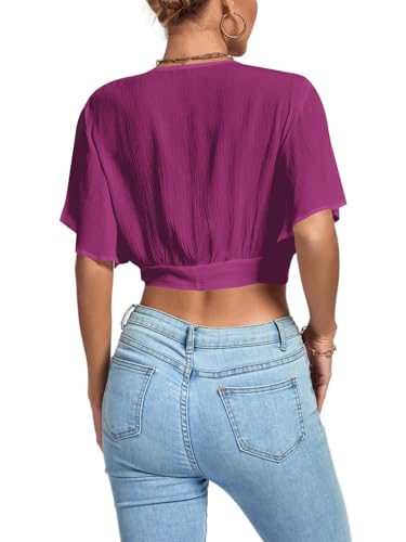 Image of LYANER Women's Sexy Deep V Neck Tie Front Wrap Cropped Blouse Bell Short Sleeve Ruffle Crop Tops
