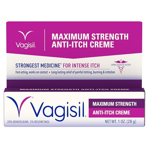Vagisil Maximum Strength Feminine Anti-Itch Cream with Benzocaine for Women, Helps Relieve Yeast Infection Irritation, Gynecologist Tested, Fast-Acting, Soothes and Cools Skin, 1 oz