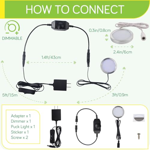 Image of Under Cabinet LED Puck Lighting, Single Light for Hutch Bookcase Display Shelf Lighting, Rotary Dimmer Switch, 120VAC Plug in, Black Cord, Warm White