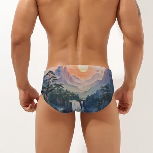 Chinese Landscape Mountain Waterfall Men's Swimming Trunks Briefs Beach Swimwear Low Rise Bikini Swimsuit Print Bathing Suit2
