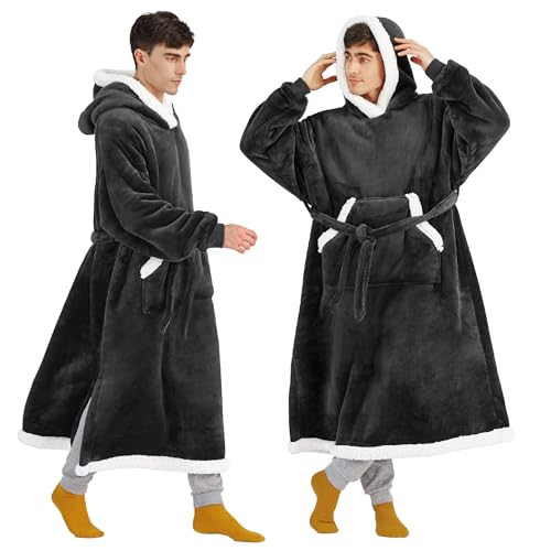 Image of Bedsure Wearable Blanket Hoodie, Long Hooded Blanket Sweatshirt as Christmas Birthday Gifts for Men, Cozy Sherpa Hoodie for Adult, Oversize, Charcoal