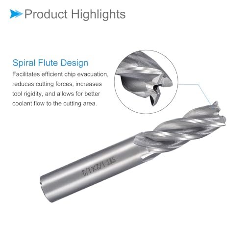 Image of 4-Flute Spiral End Mill Bits, 1 /2 inch Diameter 42mm Length, High Speed Steel Straight Milling Cutter with Storage Case- (Applications: for Plywood Hardwood Plastic),