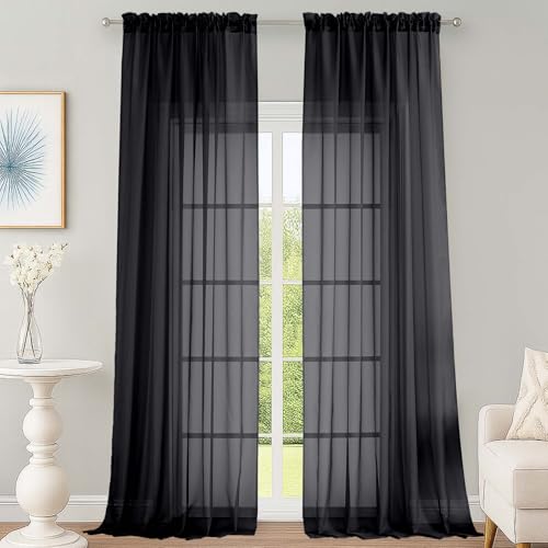 OWENIE Extra Long Black Sheer Curtains 144 inch 2 Panels Set, Translucent Backdrop Window Scarf Drapes for Canopy Bed/Wedding/Living Room/Anniversary, 12FT Length, Each 59Wx144L in, 2PCS