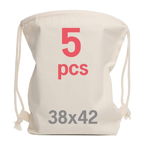 LEATEX Baumwoll Turnbeutel 38×42 cm – Kordelzugbeutel aus 100% Baumwolle 145 g/m², OEKO-TEX zertifiziert – Sportbeutel zum Bemalen & Bedrucken – 5/10/25er Pack für Schule, Sport & Freizeit (5)