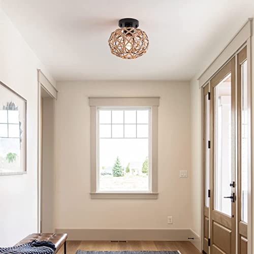 Nomita Rustic Woven Flush Mount Ceiling Light Fixture Industrial Hemp Rope Cage Mini Semi Flush Mount Ceiling Lighting For Hallway Kitchen Hall Entryway Farmhouse, Black #TOP2