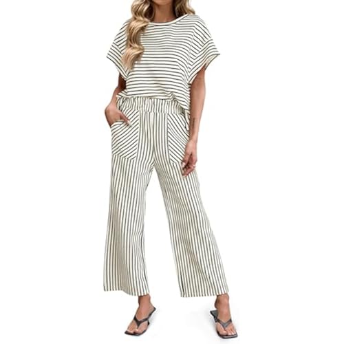 Tankaneo Womens Striped Set 2 Piece Outfits Matching Lounge Pants Set