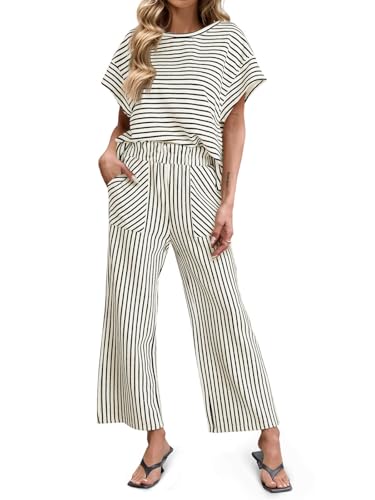 Tankaneo Womens Striped 2 Piece Sets Short Sleeve T Shirts