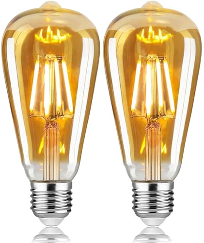 Image of Woowtt Dimmable E27 LED Filament Bulbs, ST64 4W Retro Gold-Tinted Glass Screw Bulb, 2700K Warm White Light, Highly Efficient Decorative LED Lamps, Pack of 2
