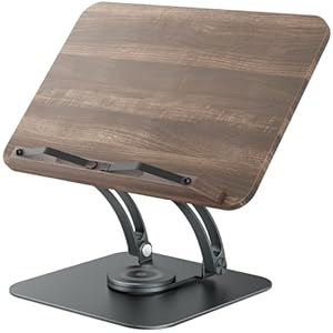 Tounee Book Stand for Reading, Adjustable Book Holder with 360° Swivel Base, Foldable Cookbook Stand Recipe Book Holder with Elastic Page Clips for Music Scores, Recipe, Tablet, Laptop-Gray