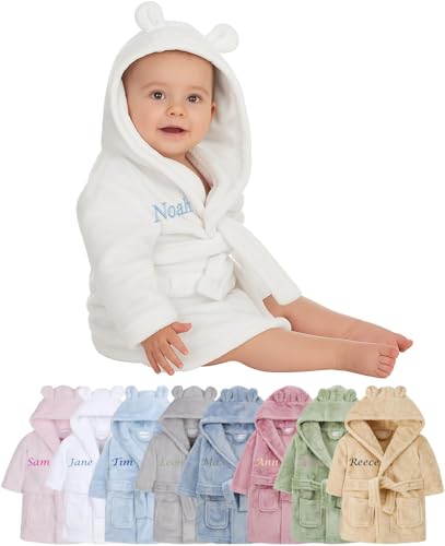 Image of Hoolaroo Personalised Baby Dressing Gown Baby Dressing Gown Robe With Teddy Ears Bath Robe Towel Personalised Gifts Girl Boy Clothing White 0-6 Months