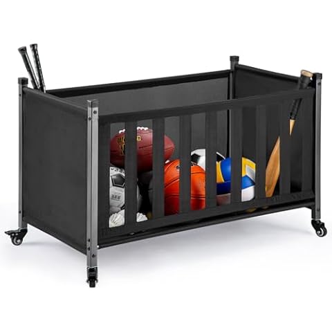Morohope Ball Storage Bin Rolling Sports Ball Cart, Ball Storage Garage, Ball Basket Storage, Ball Cage for Garage or Gym, Indoor & Outdoor Sports Equipment Organizer 38''W x 23.5''H, Black Cover