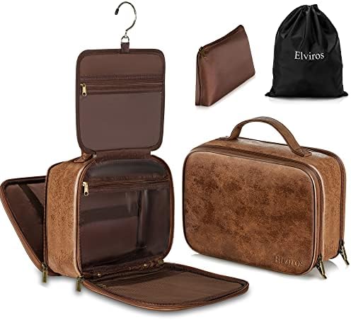 Elviros Travel Toiletry Bag for Men and Women, Large Hanging Leather Makeup Bags Organizer, 2 in 1 Water-resistant Cosmetic Case for Bathroom Toiletries Accessories (Dark Brown)
