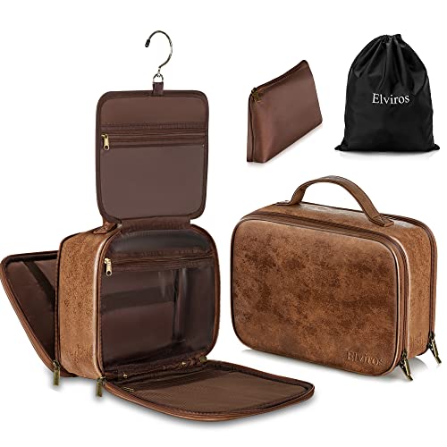 Elviros Travel Toiletry Bag For Men And Women, Large Hanging Leather Makeup Bags Organizer, 2 In 1 Water-Resistant Cosmetic Case For Bathroom Toiletries Accessories (Dark Brown) #TOP18