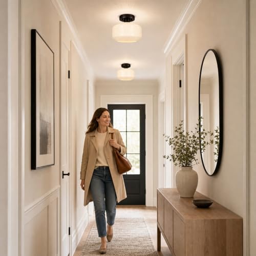 DSMJFU Black Semi Flush Mount Ceiling Light, Vintage Small Ceiling Light Fixture, Thickened White Glass Hallway Lighting Fixture, Kitchen Ceiling Mount Light for Entry Way, Bedroom, Bathroom by DSMJFU DSMJFU - Used condition - Image 3