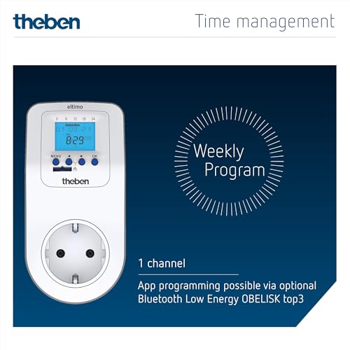 Theben 0200130 Eltimo 020 top3 cyfrowy zegar sterujący z gniazdkiem elektrycznym z programem tygodniowym, programator czasowy, opcjonalne programowanie przez Bluetooth