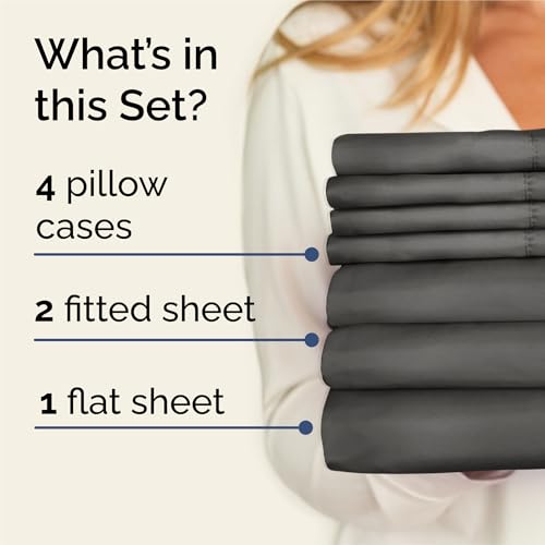 Image of Split King 7 Piece Bed Sheet Set - Comfy, Breathable & Cooling - Charcoal | Ultra-Soft Hotel Luxury Bedding Set w / 8-16 Inch Deep Pockets, 1 Flat & 2 Fitted Sheet & 4 Pillowcases, Wrinkle & Fade Free