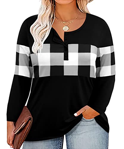 Image of CARCOS Plus Size Tops for Women Long Sleeve Fall Tunic Color Block Camo /Plaid /Leopard /Fall Blouse Crewneck Tshirt XL-5XL