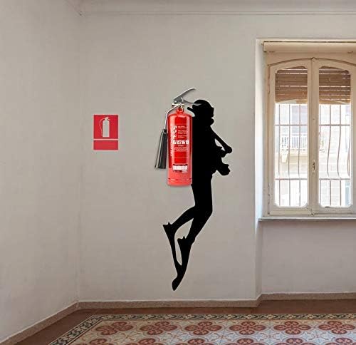 Scuba Diver Wall Sticker - Fire Extinguisher Deep Dive Silhouette Vinyl Gift Decal - Down Diving Happy Diver Art Creative for Office Mural 24x9 Inch