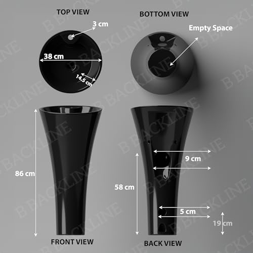 Image of B BACKLINE Ceramic Design Pedestal Wash Basin Free Standing Wash Basin Bowl Sink Round For Living Room & Bathroom 15 X 15 X 35 Inch (Black Glossy)
