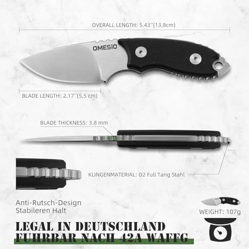 Omesio Neck Knife,Mały nóż stały D2 EDC z pochwą Kydex i łańcuszkiem kulkowym, nóż na szyję do użytku na świeżym powietrzu (czarny)